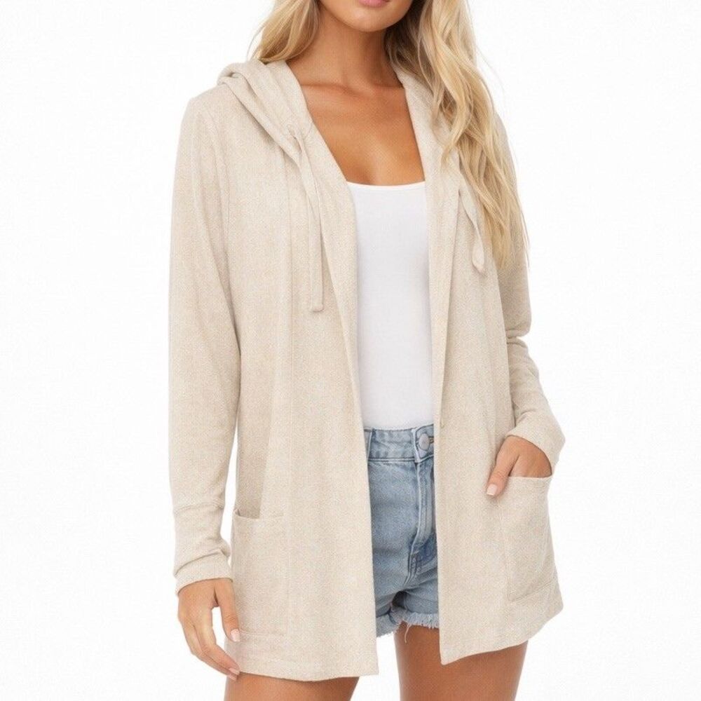 Z Supply Women's Sand Marled Hooded Open Front Cardigan Lightweight Size M